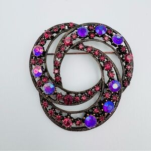Vintage Three Circle Brooch of Different Shaped Purple Rhinestones 1950s